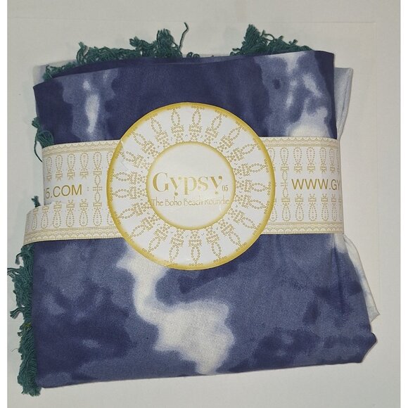 Gypsy Boho Beach Roundie Blue White Tie Dye With Green Fringe - Picture 1 of 4